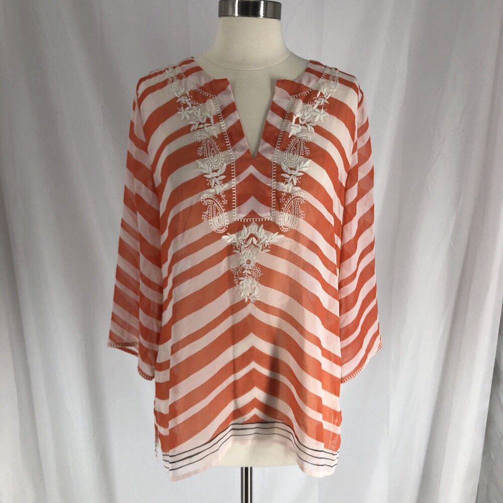 Chicos Top Womens 1 Medium Orange Swirley Stripes Sarah Embroidered Boho Sheer